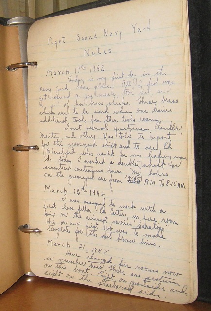 Image for 1942 - 1943 ORIGINAL MANUSCRIPT JOURNAL OF ONE MAN'S SERVICE AS A MECHANIC AND PIPEFITTER AT THE PUGET SOUND NAVY YARD REPAIRING SOME OF THE MOST STORIED SHIPS IN THE UNITED STATES NAVY