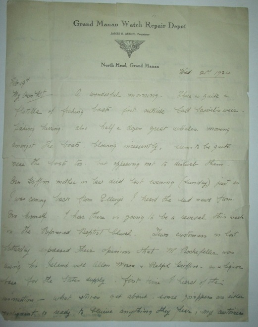 Image for 1934 ORIGINAL MANUSCRIPT LETTER HANDWRITTEN BY A GRAND MANAN NEW BRUNSWICKER WHO REGALES HIS FRIEND WITH TALES OF WHALES AND RUM RUNNING ROCKEFELLERS