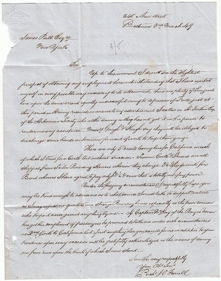 Image for 1849 ORIGINAL MANUSCRIPT LETTER HANDWRITTEN BY A NEAR DESPERATE IRISH IMMIGRANT BEGGING FOR ASSISTANCE FROM A FELLOW COUNTRYMAN