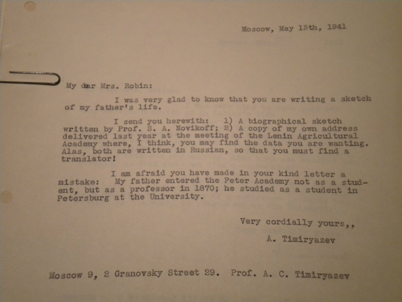 Image for 1941 ORIGINAL CORRESPONDENCE AND BIOGRAPHY OF THE PATRIARCH AND SEMI EXILE OF TZARIST RUSSIA KLEMENTI ARKADAVICH TIMIRYAZEV