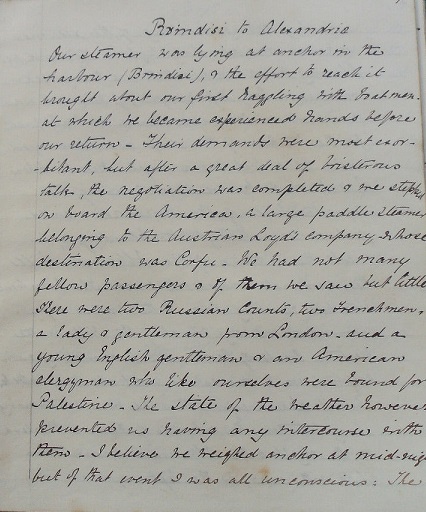 Image for 1875 ORIGINAL MANUSCRIPT TRAVEL DIARY HANDWRITTEN BY A KEEN EYED ERUDITE ENGLISHMAN WHOSE TRIP FROM BRINDISI TO ALEXANDRIA IS THWARTED BY THE TRAVEL GENIUS MR. THOMAS COOK