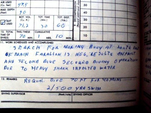 Image for 1965 ORIGINAL UNITED STATES NAVY DIVER'S LOG BOOK DETAILING HIS WORK IN SAN FRANCISCO BAY AND AREA WATERS WITH DUTIES RANGING FROM RECOVERING BUOYS TO BODIES AND MORE