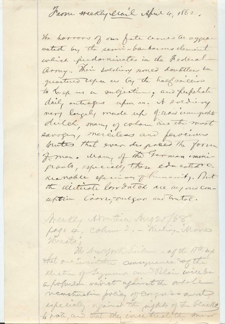 Image for 1869 ORIGINAL MANUSCRIPT NOTES AND OPINION ON THE EVILS OF RECONSTRUCTION FROM MONTGOMERY ALABAMA AND LIKELY HANDWRITTEN BY THE FUTURE GOVERNOR OF ALABAMA