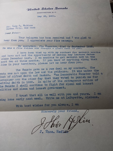 Image for 1932 ORIGINAL TYPED LETTER SIGNED BY ALABAMA'S MOST COLORFUL AND CONTROVERSIAL ANTI CIVIL RIGHTS LEGISLATORS WHO ALSO CREATED ONE OF AMERICA'S MOST BELOVED NATIONAL HOLIDAYS
