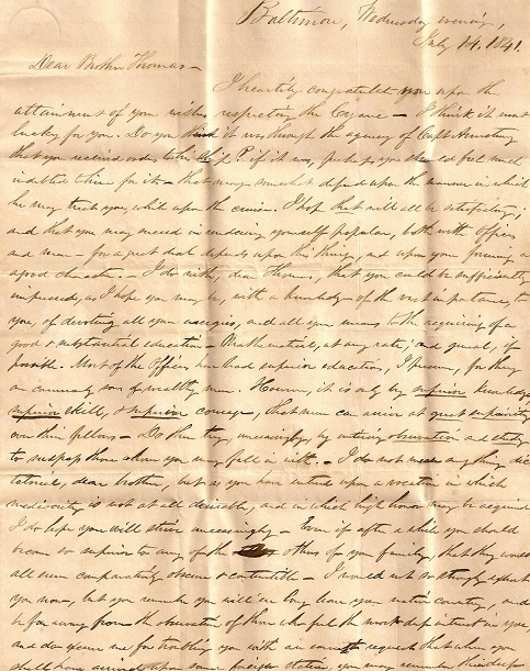 Image for 1841 ORIGINAL STAMPLESS MANUSCRIPT LETTER HANDWRITTEN BY HIS ELDER BROTHER FILLED WITH ADVICE, ADMONITIONS [AND WARNINGS AGAINST INTERCOURSE] TO A NEWLY MINTED MIDSHIPMAN ON THE SLOOP OF WAR CYANE