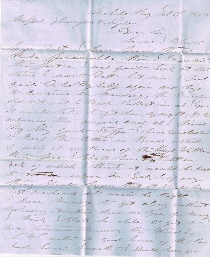 Image for 1853 ORIGINAL MANUSCRIPT LETTER AND HANDWRITTEN RELIC OF SEA FARING COMMERCE HANDWRITTEN BY A CAPTAIN VERY SOON TO BE NOTED IN DISPATCHES FOR HIS GALLANT SAVING OF PASSENGERS AND CREW IN THE 'SAN FRANCISCO' SHIPPING DISASTER