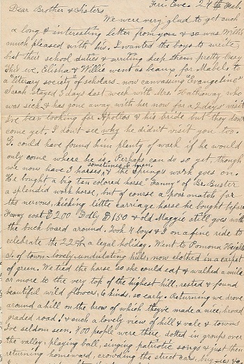 Image for 1888 ORIGINAL, CHARMING MANUSCRIPT LETTER HOME TO HER SIBLINGS IN NEW YORK STATE DESCRIBING HER LIFE IN POMONA CALIFORNIA 'NOW WITH 3 HORSES'