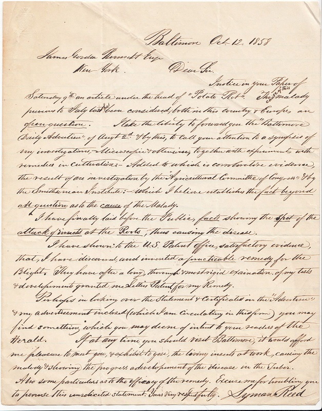 Image for 1858 ORIGINAL MANUSCRIPT LETTER REVEALING A CRITICAL AGRICULTURAL SCIENTIFIC DISCOVERY RELATED TO POTATO ROT BY A BALTIMORE AREA NATURALIST