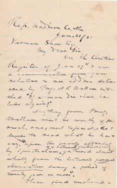 Image for 1888 ORIGINAL MANUSCRIPT LETTER HANDWRITTEN BY AN ALABAMA MAN 'WEDDED' TO OLD SOUTHERN THEOLOGICAL DOGMA NOW SEEKING SPIRITUAL ENLIGHTENMENT FROM A MADISON COUNTY MEDIUM